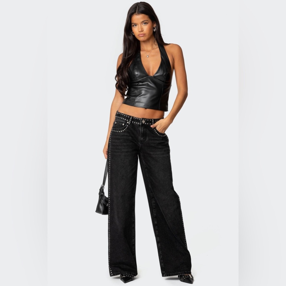 NWOT Edikted Quincy Studded Low Rise Baggy Jeans- Washed Black